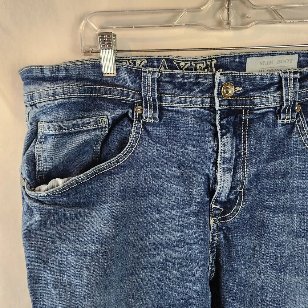 TK Axel Jeans Mens 38x32 Blue Denim Slim Boot Medium Wash Western Thick Stitch